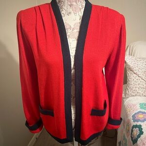St John vintage red knit open jacket with blue trim